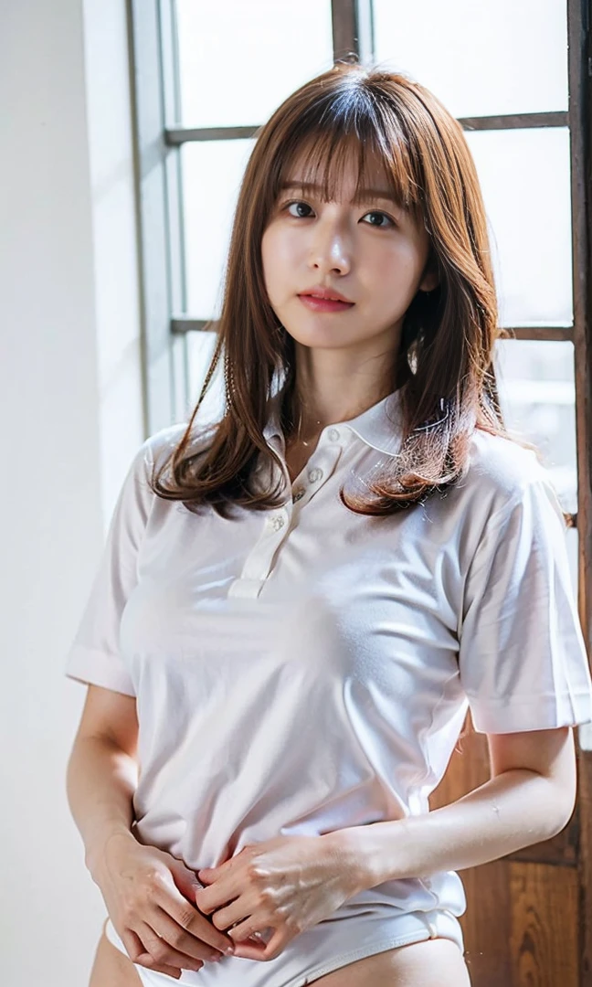 .(((Masturbation in the school gym、Luxurious panties、Seductive waist、Shoulder-length hair:1.4))).((A classy white shirt with a collar、Standing photo、Medium Short Hair、服の上からでもわかるBig Breasts、Both hands are in front of the belly button、A photo of panties visible through a short polo shirt、Roll up your shirt with your hands、She is wearing a white polo shirt and luxurious white panties.、:1.4))、In the living room、Cream Hair Color、Her huge breasts are obvious even through her clothes...、Small earrings、Light brown hair color、:1.4))、Shiny Hair、Light beige hair color、Background Blur、Light brown hair、{{Cowgirl Shot}}、((Close-up shot from the waist up、Big Breasts:1.4))、Big Breasts、にっこりsmile、服からでも分かるBig Breasts、Cowboy Shot、素敵なsmile、((Revealing clothing))、Full body photo、ring、Tuck your hair behind one ear、Silver Necklace、smile、Caustics、Highly detailed photos、Big Breasts、Super no makeup、(8K、RAW Photos、Highest quality、masterpiece:1.2)、(Realistic、Realistic)、1 Girl、((Big Breastsショートヘア、Looking into the camera:1.4))、Hair blowing in the wind