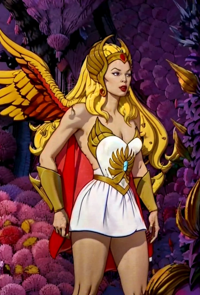 She-Ra Grimm has a winged tiara and a blue turban headdress,She was wearing a short green dress decorated with metallic patterns.,And a red cape,Golden boots,and long golden wrist guards that extend from the elbow to the wrist。Long blond hair,blue eyes and red lips。 She holds two swords and carries a PRQ,A purple veil with crystals in the middle covers her face.
