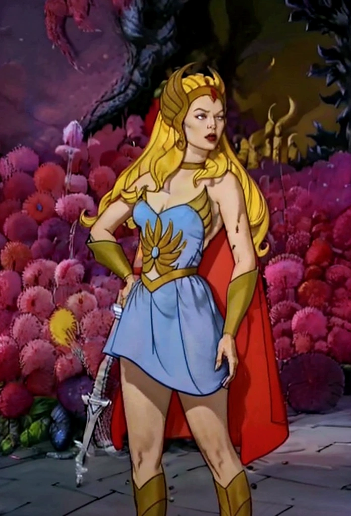  She-Ra Grimm has a winged tiara and a blue turban headdress，She was wearing a short green dress decorated with metallic patterns.，And a red cape，Golden boots，and long golden wrist guards that extend from the elbow to the wrist。Long blond hair，blue eyes and red lips。 She holds two swords and carries a PRQ，A purple veil with crystals in the middle covers her face.