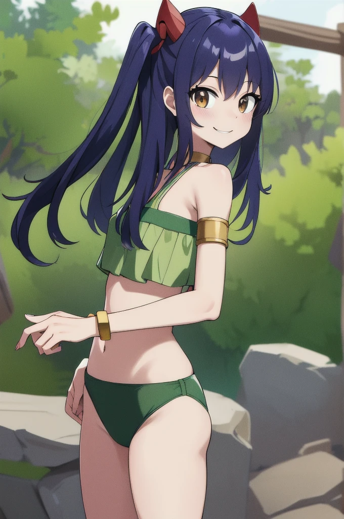 masterpiece, best quality, highres, aawendy, long hair, twintails, hair ornament, bare shoulders, green bikini, armlet, bracelet, outdoors, standing, cowboy shot, smile,