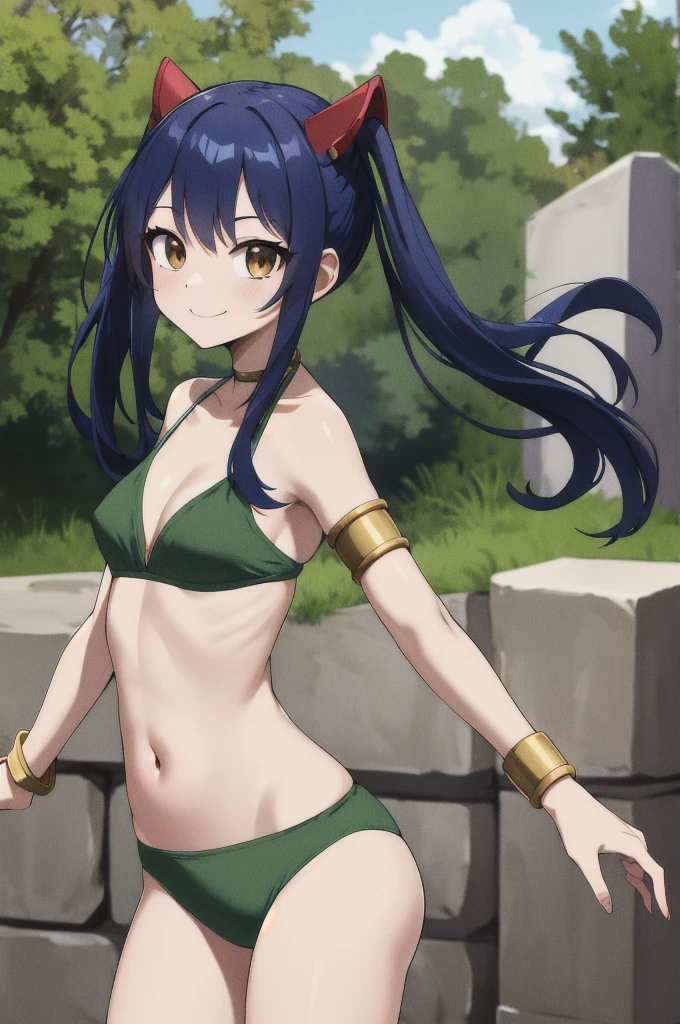 masterpiece, best quality, highres, aawendy, long hair, twintails, hair ornament, bare shoulders, green bikini, armlet, bracelet, outdoors, standing, cowboy shot, smile,