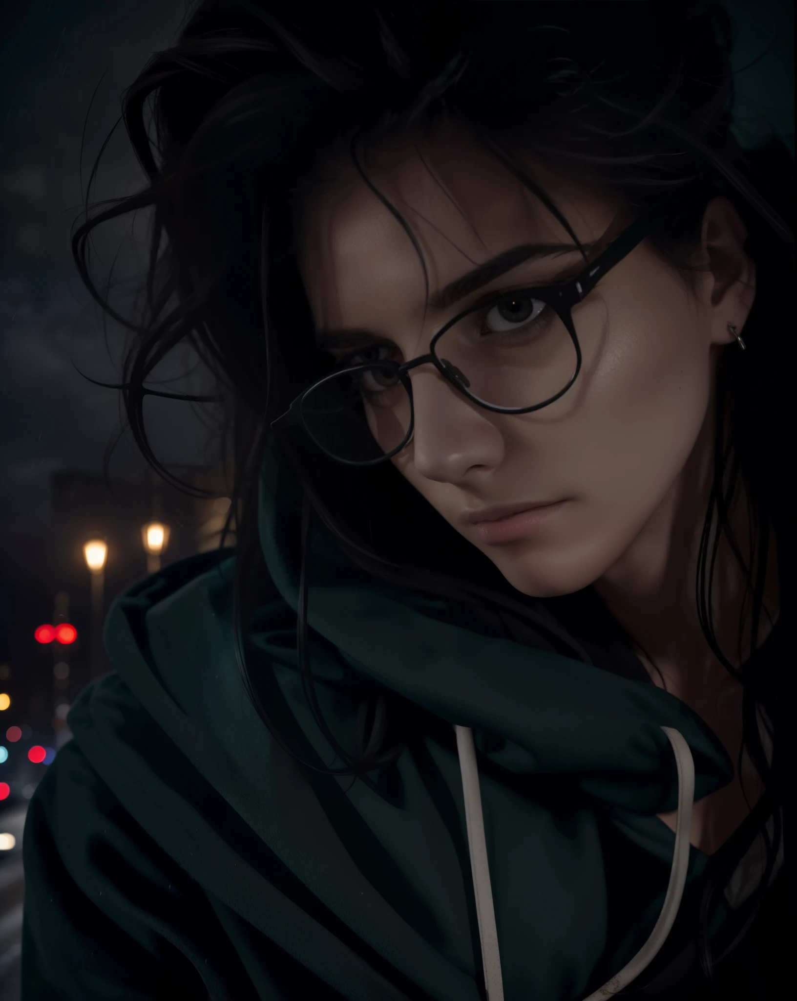 Best quality, volumetric lighting, cinematic lighting, masterpiece, ultra high res, 4k, (soft round detailed face), (sad expression), (detailed green eyes), bags under eyes, thick eyebrows, depressed, melancholy, (wearing rounded glasses), (very pale light skin), detailed black hair, ((long messy greasy hair)), (plain black hoodie), black stud earrings, black nail varnish, unwashed, unkempt, disheveled, sodium streetlamps, midnight, dark clouds, London, snow