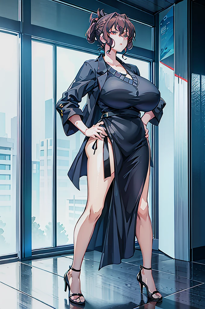 Kitagawa Udo room style, anime visual of a young woman,Focus on the face Delicate and beautiful face High ponytail,City,Outdoors,Stand up,long leges,Mature woman,Big breasts wife,Married Woman,Mature woman,office  lady,(Masterpiece), (Best quality), (Ultra detailed),(Disheveled hair),huge tit,Stiletto heels,Slender and tall,Exquisite details,The feet are delicate