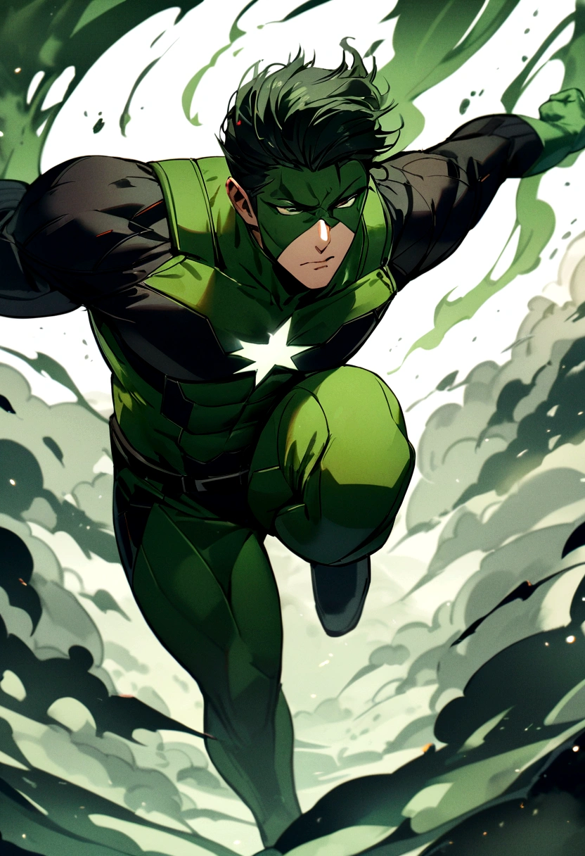 A boy got a superpower, standing in air, wearing his own superhero suit, his eyes and body is realising green smoke