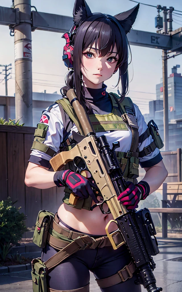 Highly detailed CG Unity 8k wallpaper, of the highest quality, super detailed, masterpiece, Realistic,1 girl, extremely detailed face, ((Shichido Yukino)),(curvybody1.3)))
(Tactical vest), look at viewer,Committed, Cowboy Shot, holding ak47,belly, camouflag outfit, glove,fox ears,(ruin background), heavy rain,dawn time