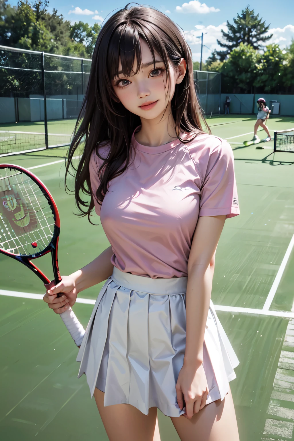 very cute and beautiful girl,(highly detailed beautiful face),(seductive smile:1.25),blush,looking at viewer,
(pink tennis shirt),elegant pose,detailed legs,(white mini golf skirt),
tennis ground,distant trees,forest,black hair,
(best quality,masterpiece),absurdres,highres,ultra-detailed,extremely detailed,32k,8k resolution,
intricate details,cinematic scene,detailed background,solo,dynamic angle,