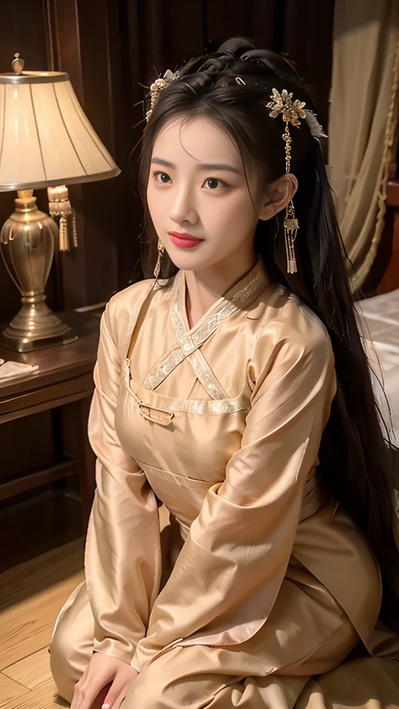 Chinese ancient style，Beauty，Kneeling at the bedside，blushing，Sad expression，Long legs，Hanfu，Antique long dress，Dark background，Ancient style house。Masterpiece，8K