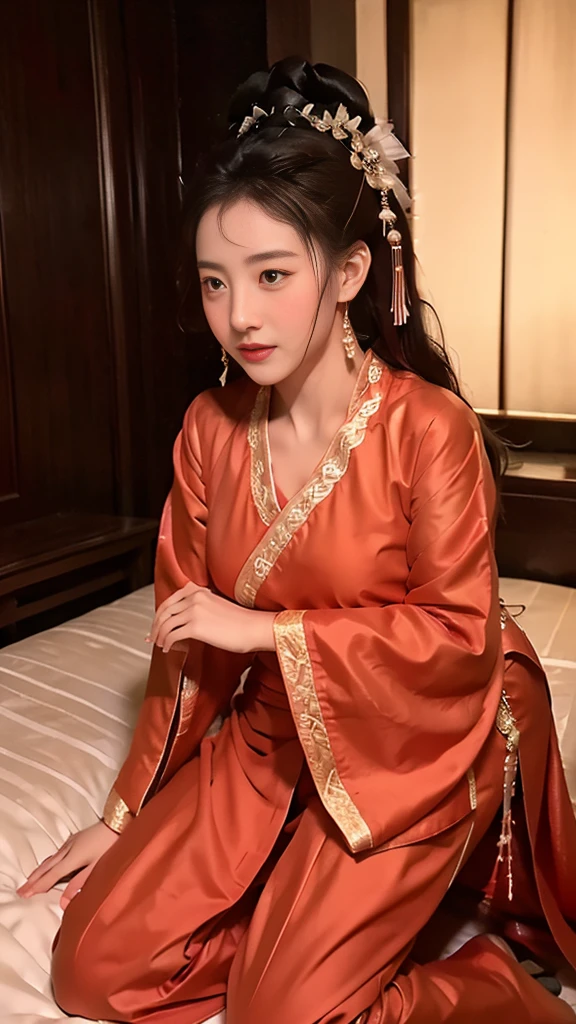 Chinese ancient style,Beauty,Kneeling at the bedside,blushing,Expression,Long legs,Hanfu,Antique long dress,Dark background,Ancient style house,Large bust,enchanting。Masterpiece,8K