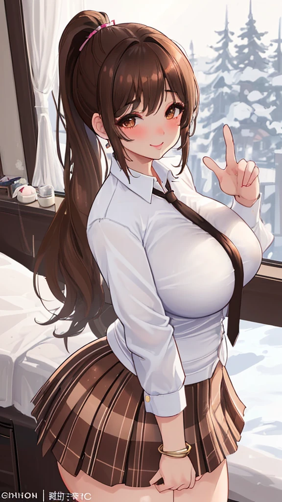 best quality, Solo breasts, Big Ass, very curvy, Bangs and long ponytail, Walnut Brown Eyes, Full lips, Tempting, Smile著, Naked white ties tied into a knot, Plaid skirt, bracelet, Thick thighs, Curvy physique,Smile,Blushing,In the bedroom,Night,Heavy snow outside the window