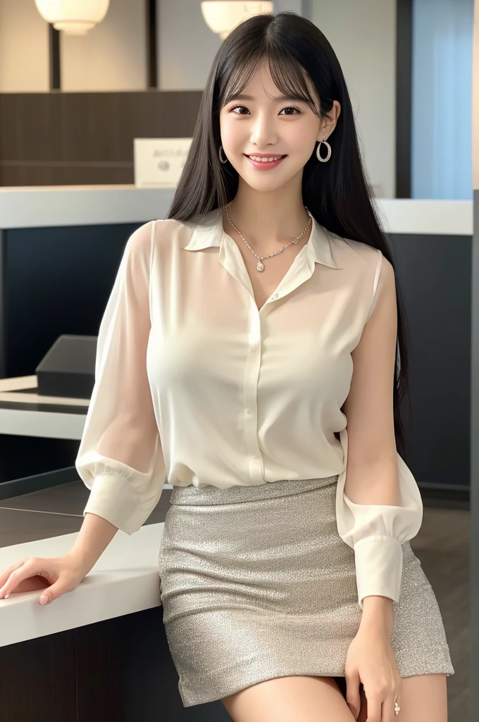 Receptionist at a client company, company receptionist, ((full body)), ((photo)), ((best qualtiy, 8K, tmasterpiece:1.3)), Focus:1.2, perfect figure beautiful girl:1.4, 1girl, cowboy shot, look at viewer, incredibly absurd, beautiful and cute girl with a photorealistic face, showcasing top-quality craftsmanship, A Japanese girl sitting smiling as a receptionist at the reception desk, 19 years old, has long, shiny black hair, straight, with the ends curled slightly inwards, with see-through bangs cut above the eyes, fair and smooth skin, large, round almond-shaped eyes, jet black eyes, long eyelashes, double eyelids, high nose, plump lips, a smile with upturned corners of the mouth, sunken cheeks, a fragile impression, glamorous, well-balanced proportions, tall, 165cm tall, beautiful D-cup breasts, white blouse, beige tight skirt, heeled pumps, pearl necklace and earrings, silver watch, pretty older woman, beautiful, neat, has a cute voice, intelligent, elegant, calm, kind, her hobbies are reading and listening to classical music, February