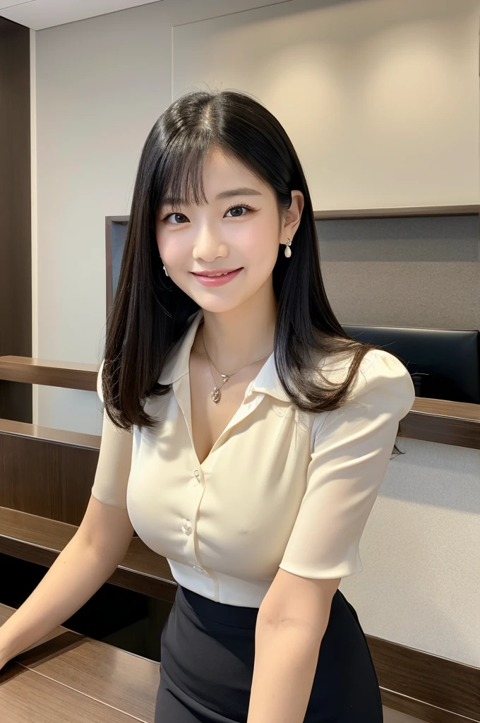 Receptionist at a client company, company receptionist, ((full body)), ((photo)), ((best qualtiy, 8K, tmasterpiece:1.3)), Focus:1.2, perfect figure beautiful girl:1.4, 1girl, cowboy shot, look at viewer, incredibly absurd, beautiful and cute girl with a photorealistic face, showcasing top-quality craftsmanship, A Japanese girl sitting smiling as a receptionist at the reception desk, 19 years old, has long, shiny black hair, straight, with the ends curled slightly inwards, with see-through bangs cut above the eyes, fair and smooth skin, large, round almond-shaped eyes, jet black eyes, long eyelashes, double eyelids, high nose, plump lips, a smile with upturned corners of the mouth, sunken cheeks, a fragile impression, glamorous, well-balanced proportions, tall, 165cm tall, beautiful D-cup breasts, white blouse, beige tight skirt, heeled pumps, pearl necklace and earrings, silver watch, pretty older woman, beautiful, neat, has a cute voice, intelligent, elegant, calm, kind, her hobbies are reading and listening to classical music, February