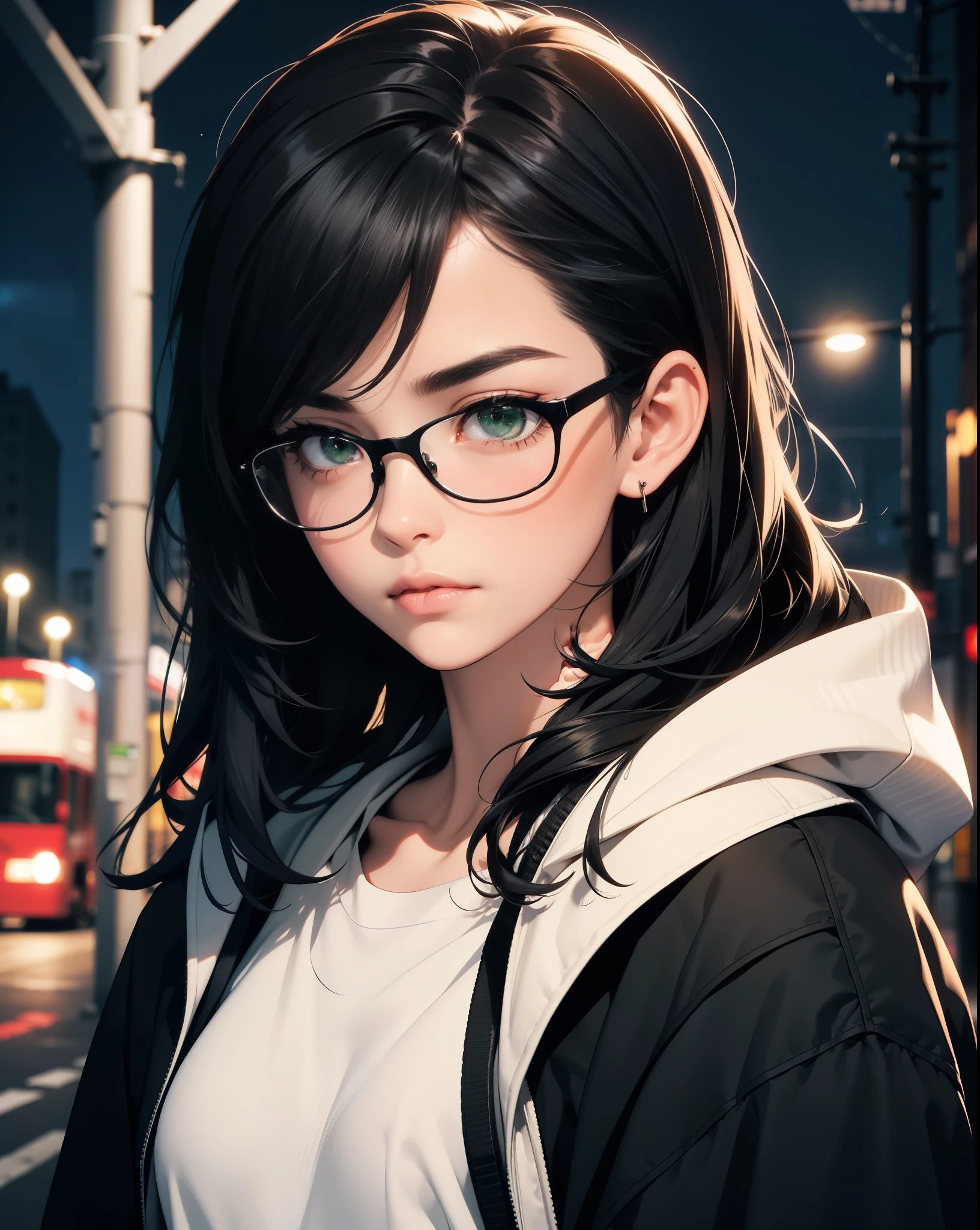 Best quality, volumetric lighting, cinematic lighting, masterpiece, ultra high res, 4k, (soft round detailed face), (sad expression), (detailed green eyes), bags under eyes, thick eyebrows, depressed, melancholy, (wearing rounded glasses), (very pale light skin), detailed black hair, ((long messy greasy hair)), (plain black hoodie), black stud earrings, black nail varnish, unwashed, unkempt, disheveled, sodium streetlamps, midnight, dark clouds, London, snow