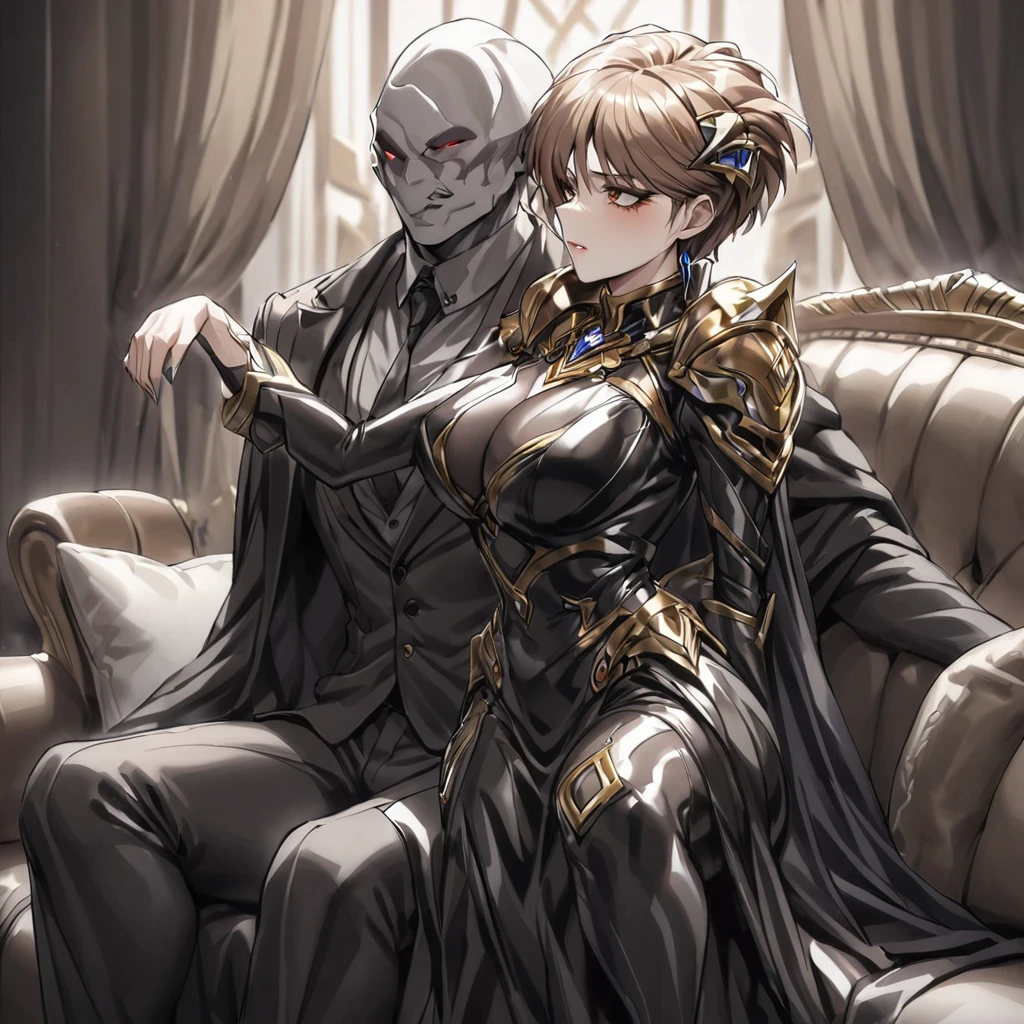 ((Highest quality)), ((masterpiece)), (detailed), (Perfect Face)、The woman is Princess Leona, with medium-long light brown hair, wearing a shiny, flashy, sexy, revealing black dress bodysuit, an open-front skirt, a cape, a headgear, lipstick and makeup, and is an evil female executive who is standing next to a man who is the dignified boss of an evil organization.、Women are brainwashed, expressionless, and have no highlights in their eyes.、The woman is being held close by the powerful boss of an evil organization.、A powerful male boss of an evil organization is sitting on a luxurious sofa, embracing a woman, kissing her and making love to her.