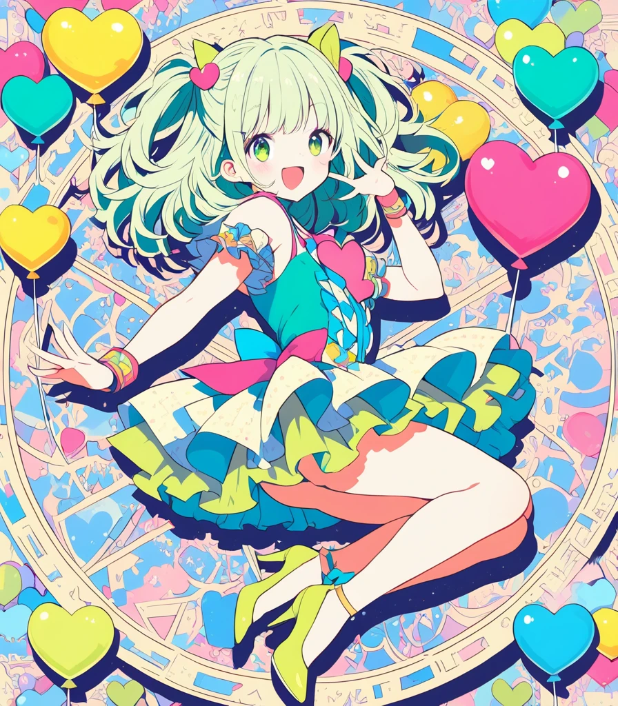 extremely detailed 8K CG, ultra-detailed:1.3, ultra delicate and detailed face:1.3, (absurdres, texture, masterpiece), pixiv contest winner, by Posuka Demizu, from side, BREAK Her body and face are facing directly to the right., full body:1.3, Dynamic manga-style illustration of magical girl looking to the right side and throwing kisses with cutely winking, cute expression, The world is full of pop, kitsch, and cuteness, with a yellow and blue-green color scheme, She wears a heart-patterned balloon skirt and a glass She's wearing stiletto heels. zentangle magic circle background,

