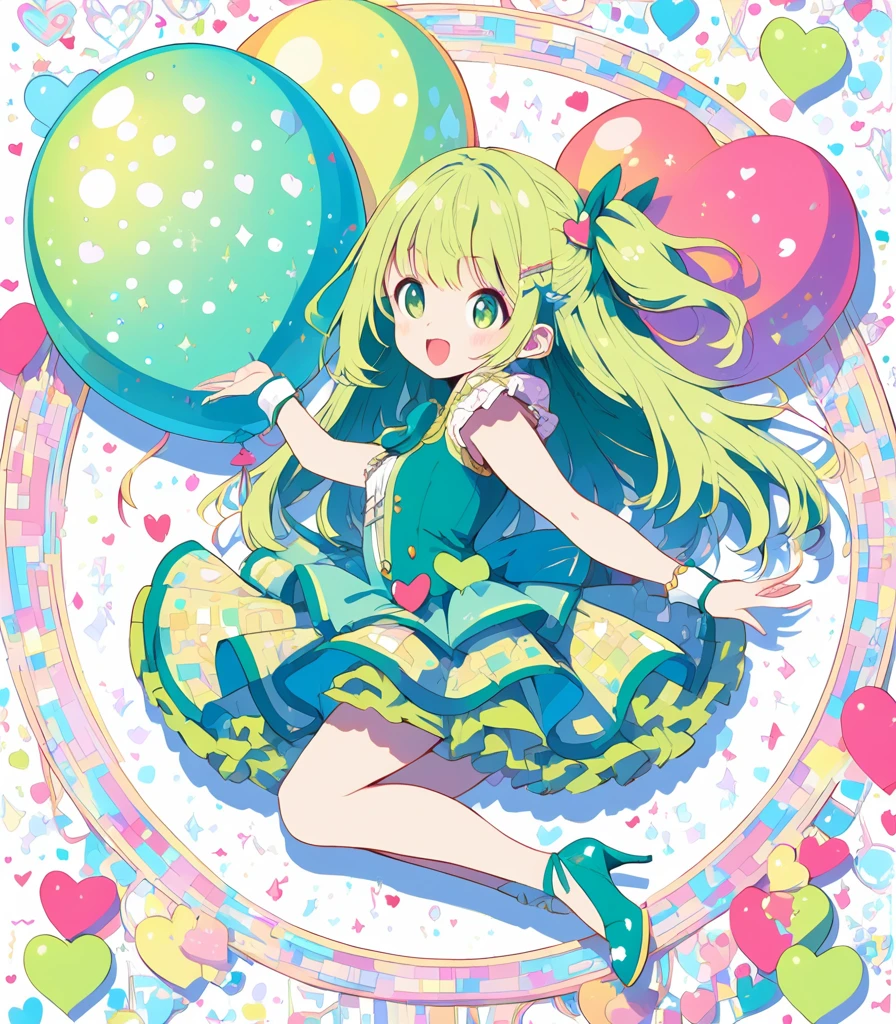 extremely detailed 8K CG, ultra-detailed:1.3, ultra delicate and detailed face:1.3, (absurdres, texture, masterpiece), pixiv contest winner, by Posuka Demizu, from side, BREAK Her body and face are facing directly to the right., full body:1.3, Dynamic manga-style illustration of magical girl looking to the right side and throwing kisses with cutely winking, cute expression, The world is full of pop, kitsch, and cuteness, with a yellow and blue-green color scheme, She wears a heart-patterned balloon skirt and a glass She's wearing stiletto heels. zentangle magic circle background,
