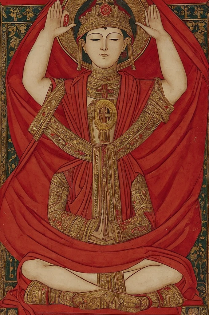 A person with eyes covered by a red cloth sits cross-legged, meditating with six arms