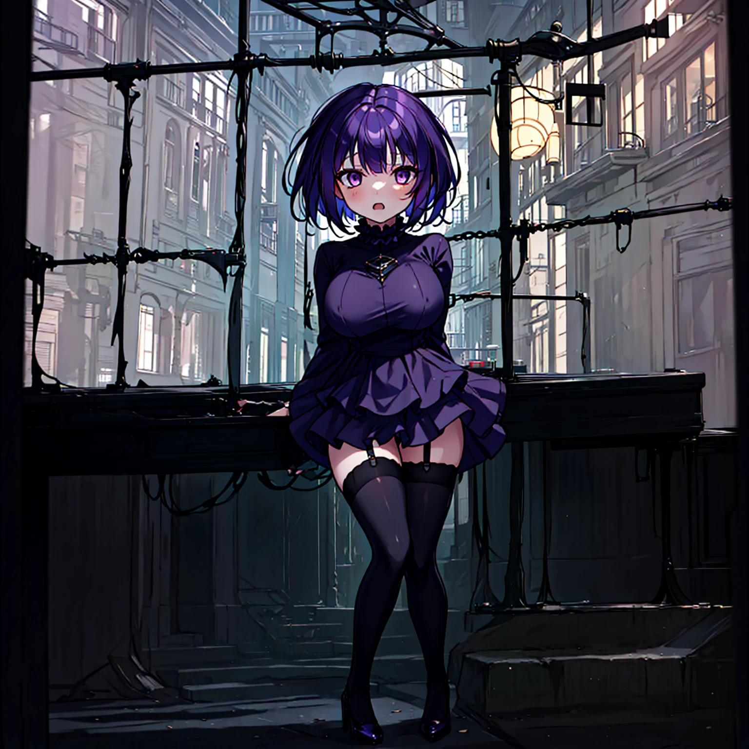 (solo), (1 skinny short girl:1.2), in the dark hall of mansion, (midnight), purple eyes over hair, Gothic ta, arms behind back, BREAK, (black short hair), (bursting huge breasts:1.2), (bouncing huge breasts:1.2), pale white skins, (skinny narrow waist), skinny legs, BREAK, (frilled layered black short dress), (frilled black cape), close chest, frilled long sleeve, show off thigh gap, (frilled black thighhighs:1.1), stiletto heels, BREAK, sad face, orgasm, coverd erectile nipples