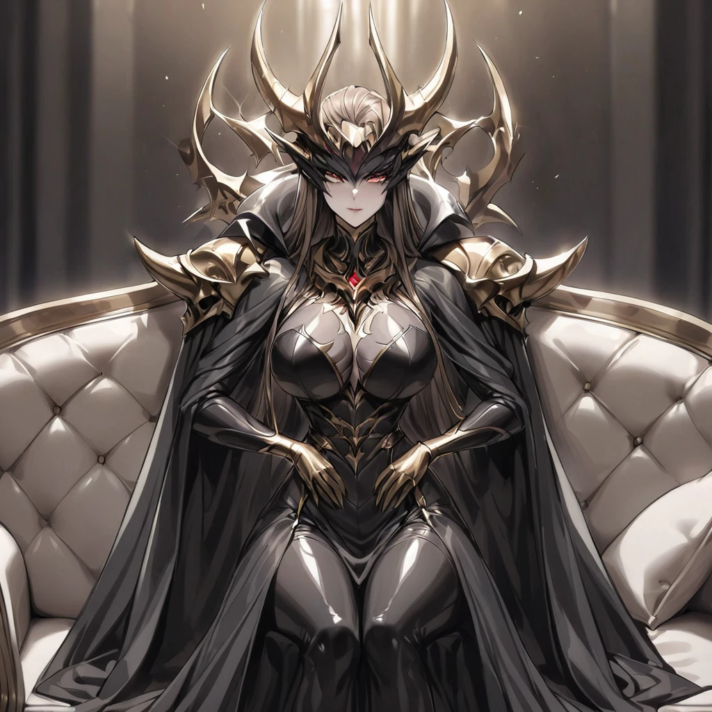 ((Highest quality)), ((masterpiece)), (detailed), (Perfect Face)、The woman is a demon, Princess Leona, the Demon Queen, with medium-long light brown hair. She is wearing a gorgeous black wedding dress decorated with gold and a black wedding veil, and is getting married to a man who is the dignified Demon King of an evil organization.、Women are brainwashed, expressionless, and have no highlights in their eyes.、The woman is getting married to a powerful demon king of an evil organization.、The powerful demon king of the evil organization embraces the woman.