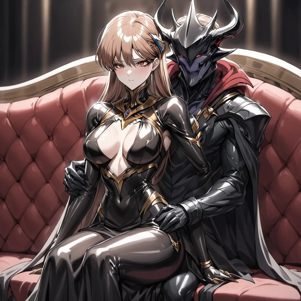 ((Highest quality)), ((masterpiece)), (detailed), （Perfect Face）、The woman is Princess Leona, with medium-long light brown hair, wearing a shiny, flashy, sexy, revealing black dress bodysuit, an open-front skirt, a cape, a headgear, lipstick and makeup, and is an evil female executive who is standing next to a man who is the dignified demon lord of an evil organization.、Women are brainwashed, expressionless, and have no highlights in their eyes.、The woman is being held close by a powerful man who is the demon king of an evil organization.、A powerful demon king of an evil organization is sitting on a luxurious sofa, embracing a woman, kissing her and making love to her.