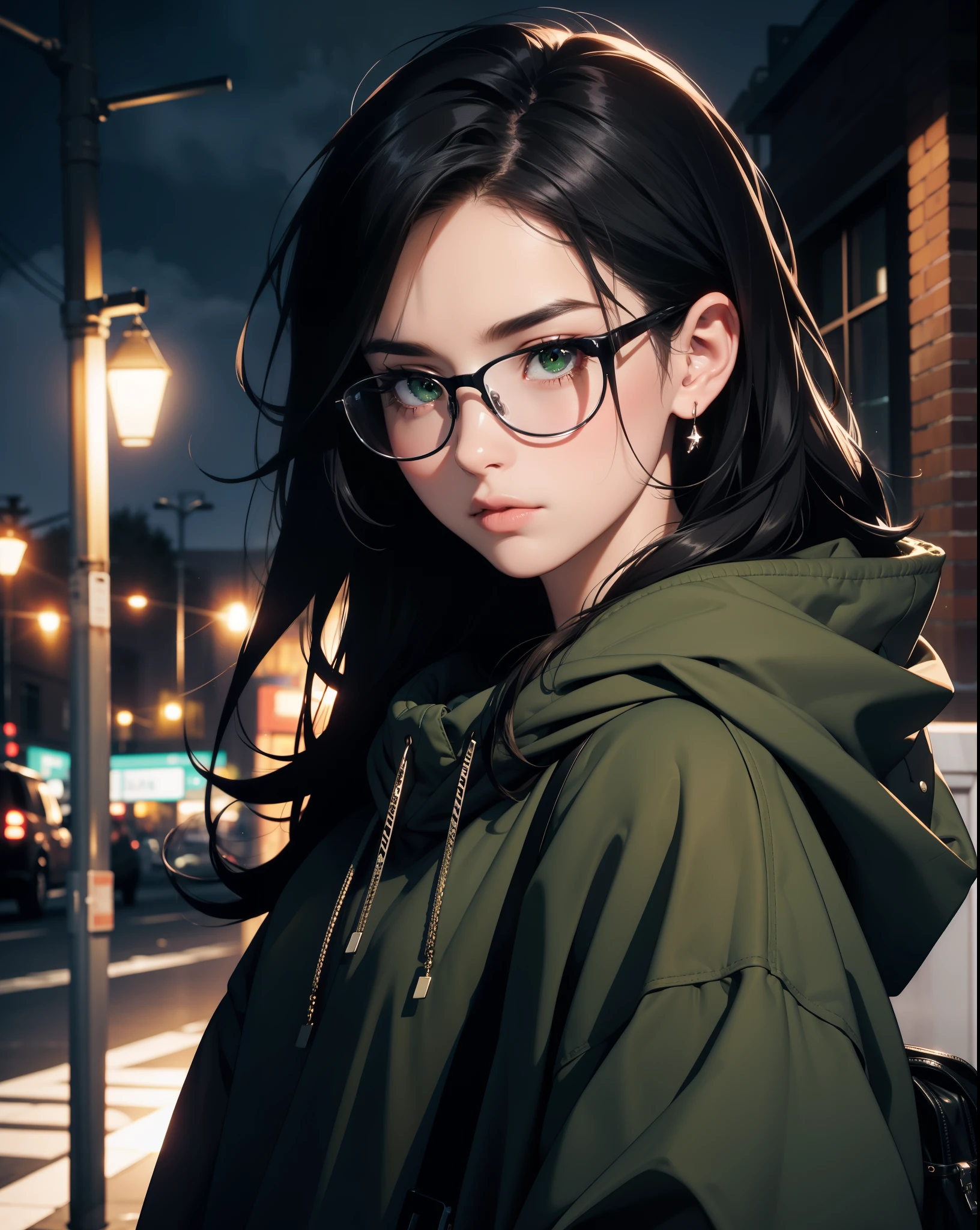 Best quality, volumetric lighting, cinematic lighting, masterpiece, ultra high res, 4k, (soft round detailed face), (sad expression), (detailed green eyes), bags under eyes, thick eyebrows, depressed, melancholy, (wearing rounded glasses), (very pale light skin), detailed black hair, ((long messy greasy hair)), (plain black hoodie), black stud earrings, black nail varnish, unwashed, unkempt, disheveled, sodium streetlamps, midnight, dark clouds, London, snow