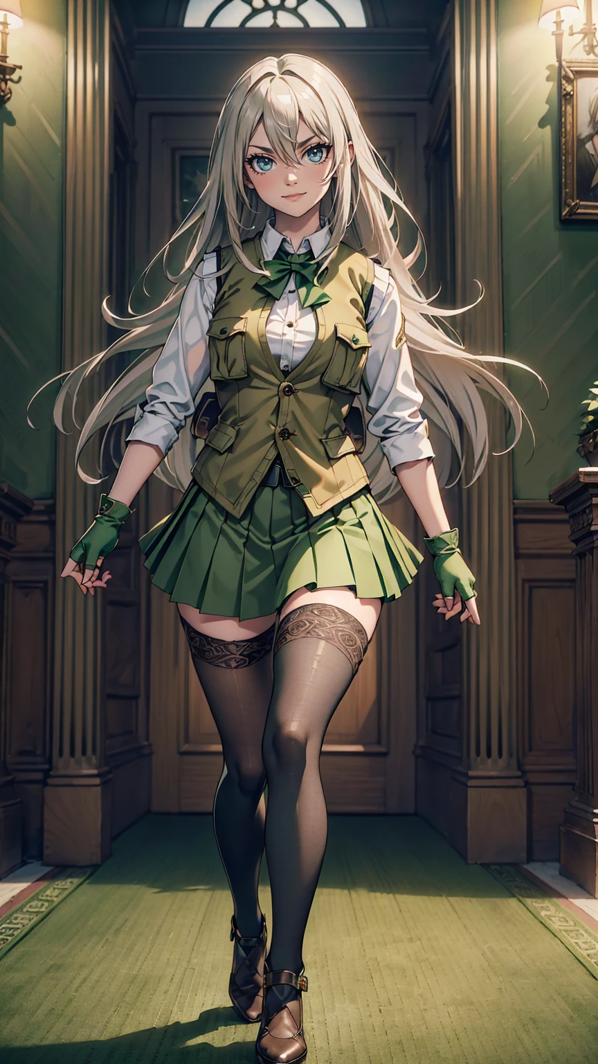 最high quality、Ultra High Definition, Ultra High Quality, Hyper Definition, Hyper Quality, Hyper Detailed, Extremely Detailed, Perfectly Detailed, Best image quality、masterpiece、woman((20-year-old、super dynamic pose , legs bent at the knees, Green solid eyes, Silver long Hair、Disheveled Hair、Long White Hair、thin,Fingerless Glove、Green Skirt, Tights, Smirk、Brown School Vest , Dressed in school)),high quality、Beautiful art、background((Inside the mansion))、Written boundary depth、 movie、Visual Arts、Perfect art、8K,Genuine、