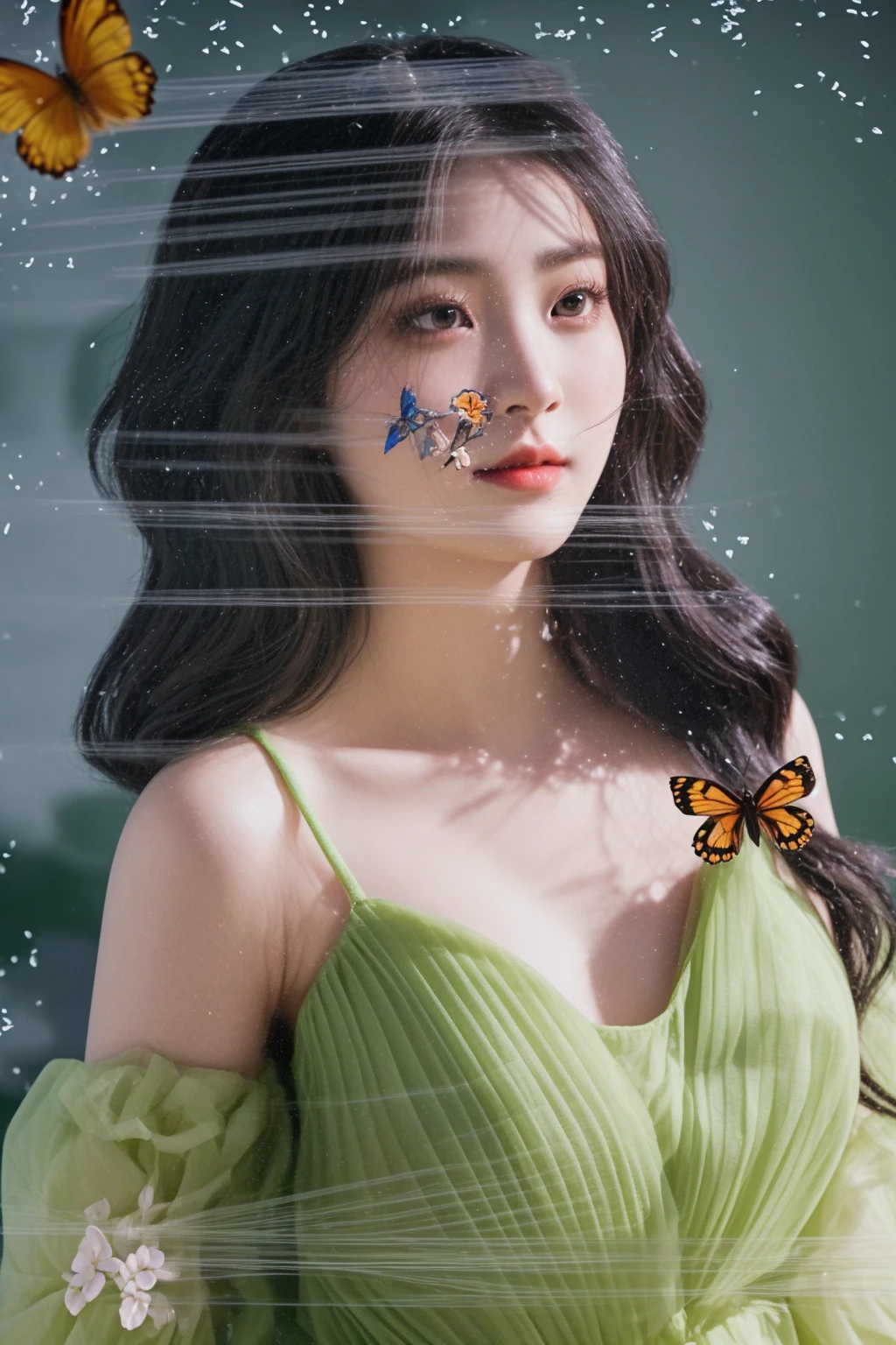 there is a woman with a butterfly on her nose and a green dress, cover photo portrait of du juan, xue han, wenfei ye, mingchen shen, harmony of butterfly, lulu chen, wu liu, realistic. cheng yi, by Tan Ting-pho, xintong chen, chengyou liu, jingna zhang, fan bingbing