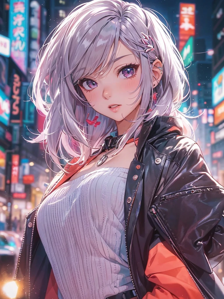 beautiful girl, Anime Style, Detailed face, wearing a tendency and stylish modern outfit, Standing against a realistic city background, Vivid and attractive lighting, Dynamic pose, Japanese Anime Style, high quality, Very detailed, 8K resolution, Cinema Lighting, 最high quality, Vibrant colors, Instagrammable, beautiful, tendency, Hair colors and styles are vibrant and unique、Half naked、sexy