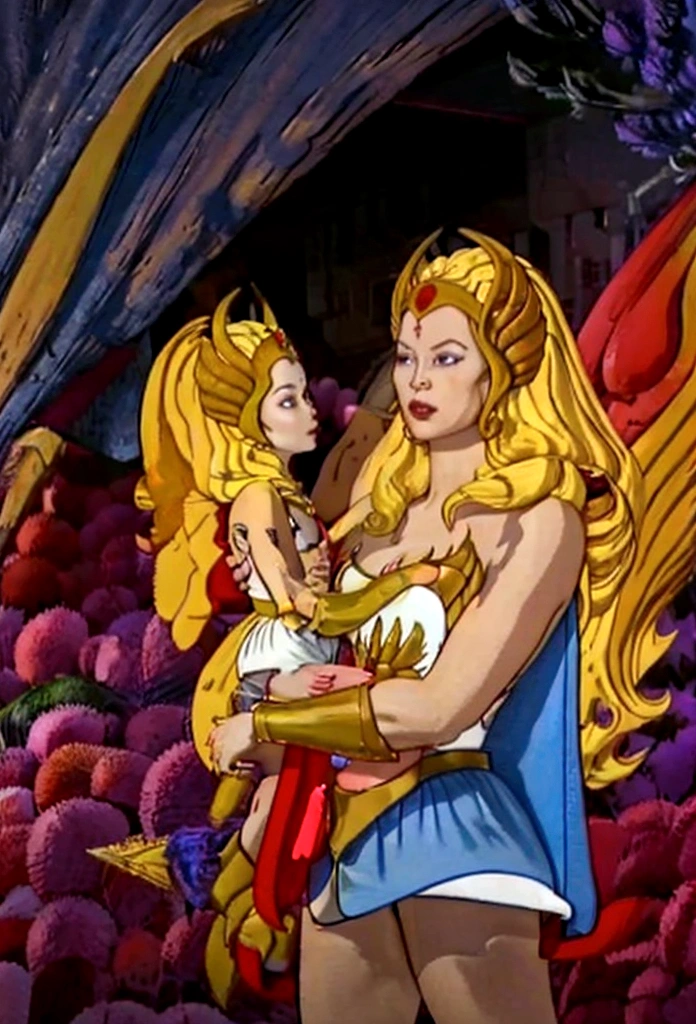 She-Ra has a winged tiara and a blue turban headdress，She was wearing a short green dress decorated with metallic patterns.，And a red cape，Golden boots，and long golden wrist guards that extend from the elbow to the wrist。Long blond hair，blue eyes and red lips。 She holds two swords and carries a PRQ，A purple veil with crystals in the middle covers her face