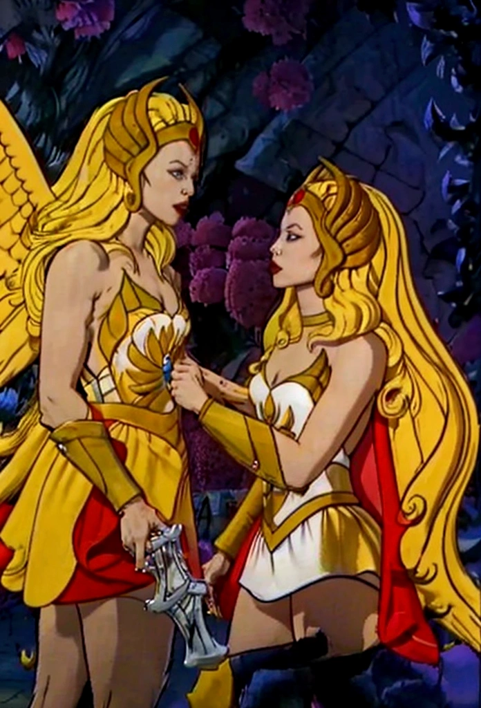 She-Ra has a winged tiara and a blue turban headdress，She was wearing a short green dress decorated with metallic patterns.，And a red cape，Golden boots，and long golden wrist guards that extend from the elbow to the wrist。Long blond hair，blue eyes and red lips。 She holds two swords and carries a PRQ，A purple veil with crystals in the middle covers her face