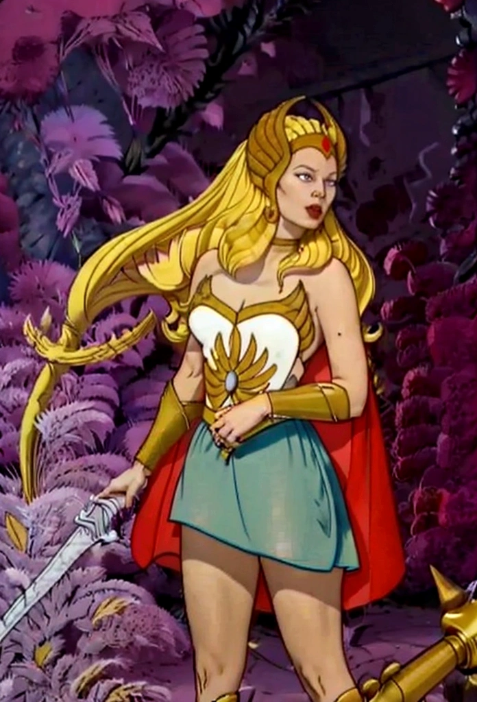 She-Ra has a winged tiara and a blue turban headdress,She was wearing a short green dress decorated with metallic patterns.,And a red cape,Golden boots,and long golden wrist guards that extend from the elbow to the wrist。Long blond hair,blue eyes and red lips。 She holds two swords and carries a PRQ,A purple veil with crystals in the middle covers her face
