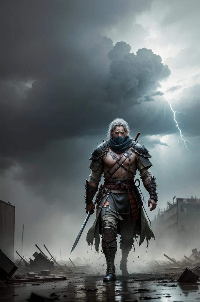 "A post-apocalyptic scene in the rain featuring a samurai walking through a desolate, ruined landscape. The samurai is wearing traditional armor that shows signs of damage and wear, holding two bloodied swords, one in each hand. The environment is filled with destroyed buildings, twisted metal, and scattered debris. Rain pours heavily, adding to the dramatic and intense atmosphere, with water droplets bouncing off his armor. The background shows a dark, gloomy sky with storm clouds and occasional lightning. The remnants of a once-thriving city are now reduced to rubble, creating a haunting and grim setting. The overall mood is somber and resolute, capturing the samurai's unwavering spirit amidst the chaos. The art style is semi-realistic, emphasizing the gritty textures and haunting details of the scene. Image in 4K resolution.",
"size": "1792x1024"