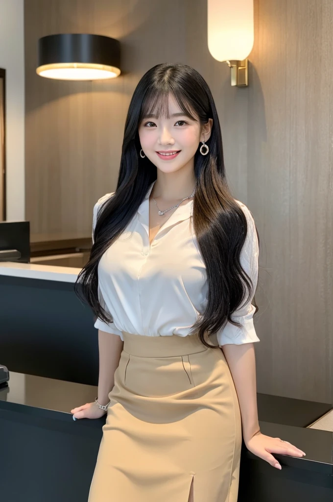 Receptionist at a client company, company receptionist, ((full body)), ((photo)), ((best qualtiy, 8K, tmasterpiece:1.3)), Focus:1.2, perfect figure beautiful girl:1.4, 1girl, cowboy shot, look at viewer, incredibly absurd, beautiful and cute girl with a photorealistic face, showcasing top-quality craftsmanship, A Japanese girl sitting smiling as a receptionist at the reception desk, 19 years old, has long, shiny black hair, straight, with the ends curled slightly inwards, with see-through bangs cut above the eyes, fair and smooth skin, large, round almond-shaped eyes, jet black eyes, long eyelashes, double eyelids, high nose, plump lips, a smile with upturned corners of the mouth, sunken cheeks, a fragile impression, glamorous, well-balanced proportions, tall, 165cm tall, beautiful D-cup breasts, white blouse, beige tight skirt, heeled pumps, pearl necklace and earrings, silver watch, pretty older woman, beautiful, neat, has a cute voice, intelligent, elegant, calm, kind, her hobbies are reading and listening to classical music, February
