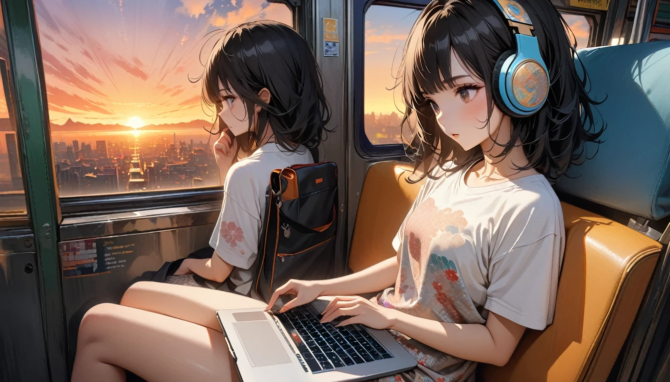 ((8k of extremely detailed CG unit, Masterpiece, high resolution, highest quality, highest quality real texture skin)), (((shoot from behind))), (wearing Japanese pattern headphones), ((1 girl)), ((Sitting in a seat on a train)), ((looking at laptop screen)), ((Sunset through the big window)), (Japanese pattern Tシャツ), (Black hair, messy hair, beige skin), (surreal, digital painting)