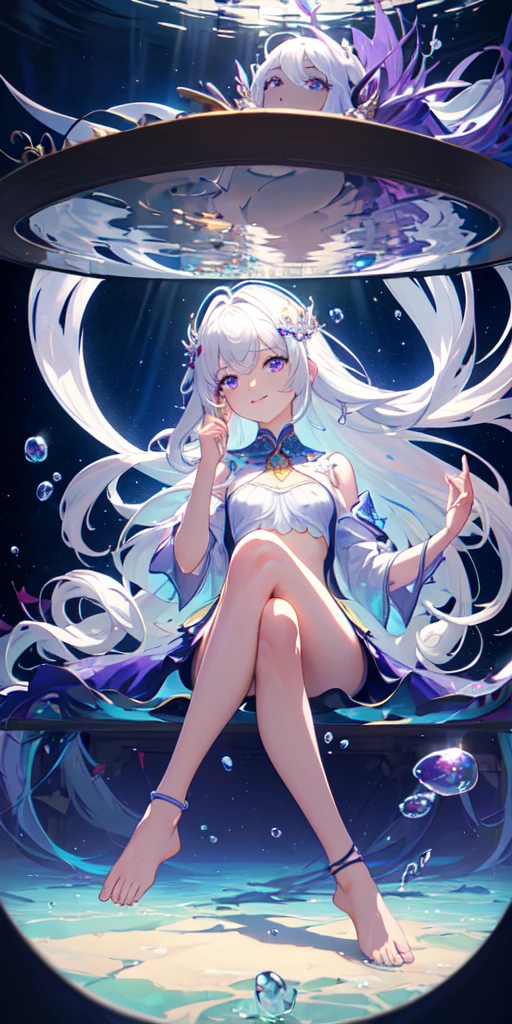 [(Transparent background:1.5)::5],(((masterpiece))),(((best quality))),(((extremely detailed))),illustration, 1girl,solo,mysterious,vivid color,shiny, underwater transparent sealed hemispherical glass dome, (white hair),(purple eyes), full body,barefoot,long hair tranquil nature, koi,Underwater, Dome,close up,Dynamic actions,Lens perspective,(((Box composition))),sit cross-legged and lean against the bookshel, volumetric lighting, multi-color eyes, detailed eyes, hyper detailed,light smile, highly detailed, beautiful, small details, ultra detailed, best quality, intricate, 4k, 8k, trending on artstation, good anatomy, beautiful lighting, award-winning,