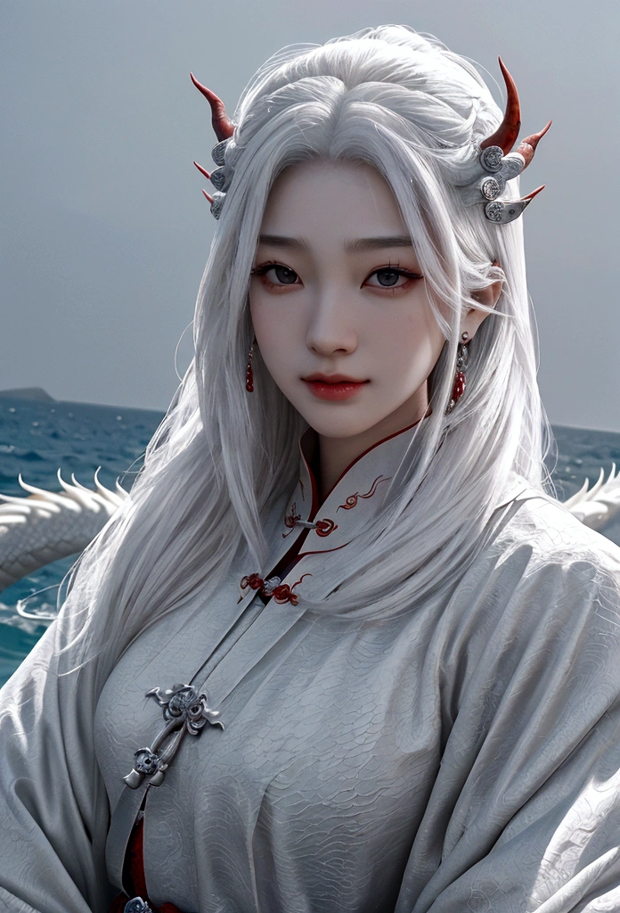 Dragon King,Chinese dragon,(Pure White:1.3),black eyes,Exquisite and interesting face,Fangs,in the sea,Sunlight ,Low contrast,(Medium and near focal length:1.3),best quality,extra fine,Unlimited details,Realistic photos,best quality,masterpiece,High quality wallpaper,8K,top down,Very detailed, Textured Skin(Not in human form:1.4)