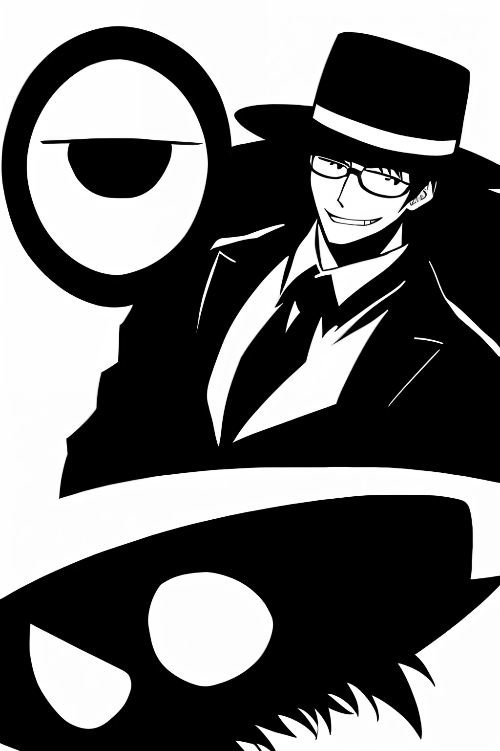 Anime, manga, fedora hat, suit, black hair, glasses, tired eyes, evil, fca shadow, white glowing eye, dark background, grinning evilly, blood