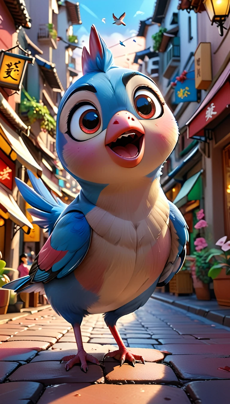 cute, big, A blue bird is flying in the sky. cute, big, A hungry-looking reddish-colored Java sparrow flies through a crowded street。Shops and people々々As they come and go、The soft light of the evening envelops the city.。The buncho seems to be searching for something.、Move your eyes around。