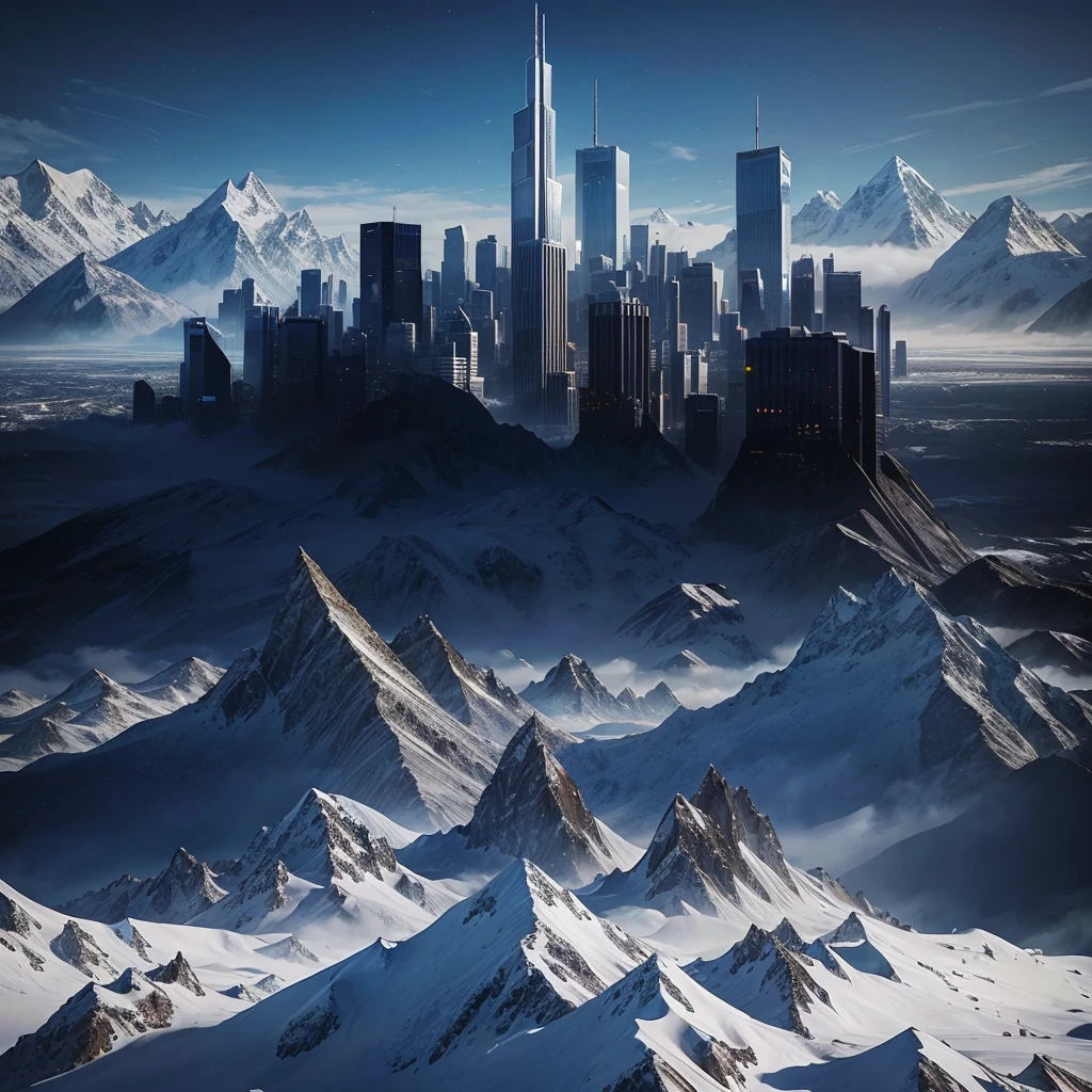 Skyscrapers are lined up,100 times the height of the building,Huge glacial mountain,Tall skyscrapers,Different world,SF,cyber punk,Best Quality,8K,Future City,Masterpiece,Dream world,夢のFuture City,romantic,perfection,A world beyond imagination,Utopia,Great Heaven