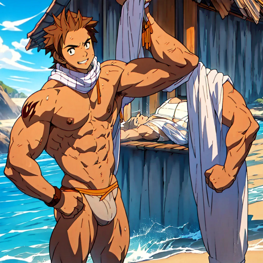 men, muscular young man in string thong, large lump, big chest, trasero grande, en la playa