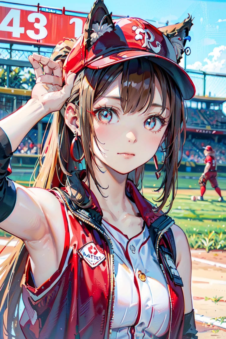  (rabbit pose:1.2),((At the baseball field with the cat)),((Cat ears)), ((Sleeveless)),((Wine Red Baseball Cap)),((Wearing a wine red baseball uniform))、((Red jacket))、 Blonde Hair, 短めponytail, (Blonde Hair, short,ponytail), Pale blue eyes,Closed Mouth、Hoop Earrings, Jewelry,(Best Quality, 8k, Oil painting, Mastepiece:1.2), 