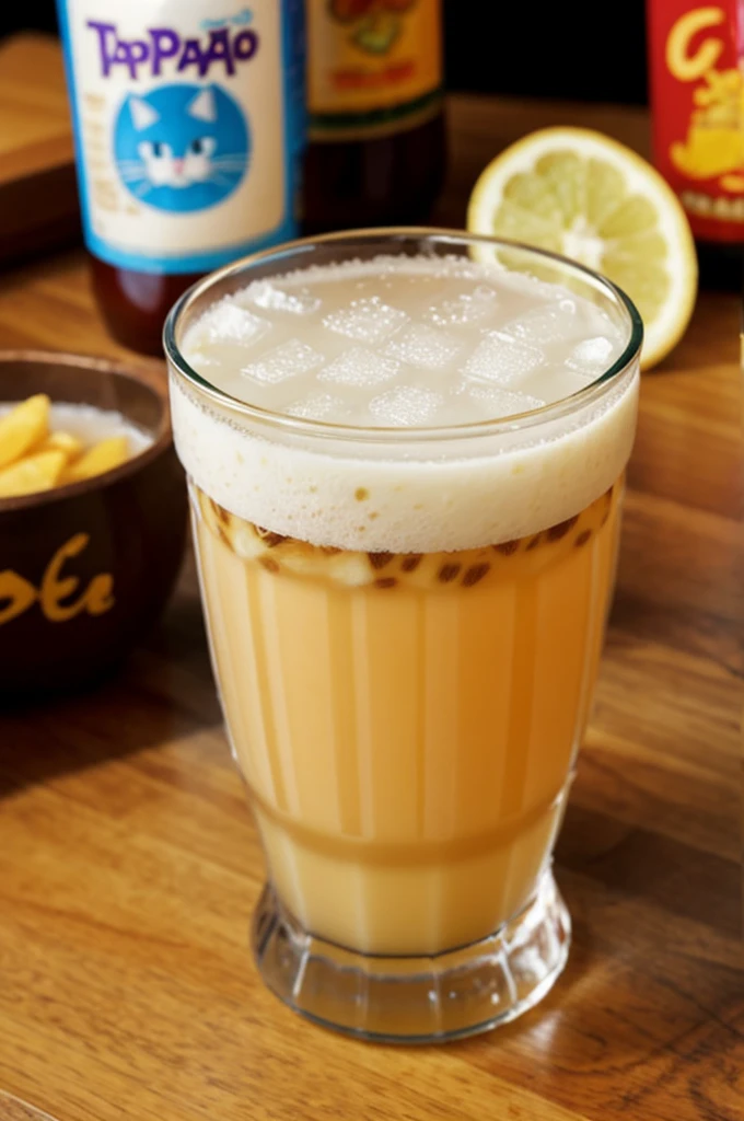 a glass of tapioca drink, with the logo "tapiocat" In the middle, and kittens around