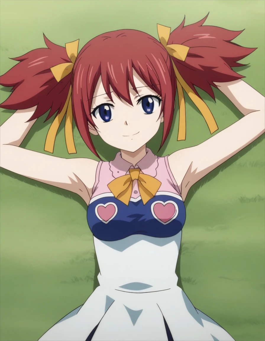 chelia_blendy, source_anime, rating_safe, intricate details, anime screencap, anime coloring, 1girl, solo, red hair, blue eyes, ribbon, hair ribbon, twintails, short twintails, looking at viewer, high quality, solo, lying, on back, arms up, spread arms, closed mouth, on grass, center, (cowboy shot:1.5), looking at viewer, suggestive smile, best quality