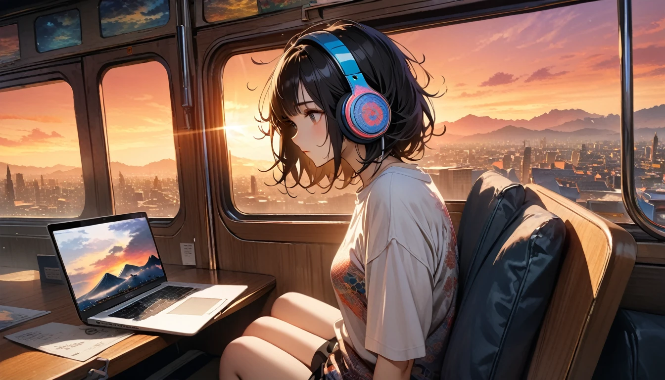 ((8k of extremely detailed CG unit, Masterpiece, high resolution, highest quality, highest quality real texture skin)), (((shoot from behind))), (wearing Japanese pattern headphones), ((1 girl)), ((Sitting in a seat on a train)), ((looking at laptop screen)), ((Sunset through the big window)), (Japanese pattern Tシャツ), (Black hair, messy hair, beige skin), (surreal, digital painting)