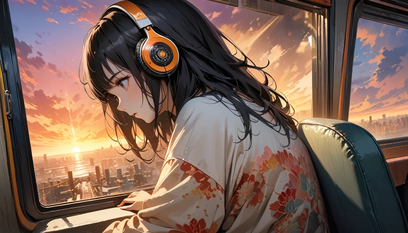 ((8k of extremely detailed CG unit, Masterpiece, high resolution, highest quality, highest quality real texture skin)), (((shoot from behind))), (wearing Japanese pattern headphones), ((1 girl)), ((Sitting in a seat on a train)), ((looking at laptop screen)), ((Sunset through the big window)), (Japanese pattern Tシャツ), (Black hair, messy hair, beige skin), (surreal, digital painting)