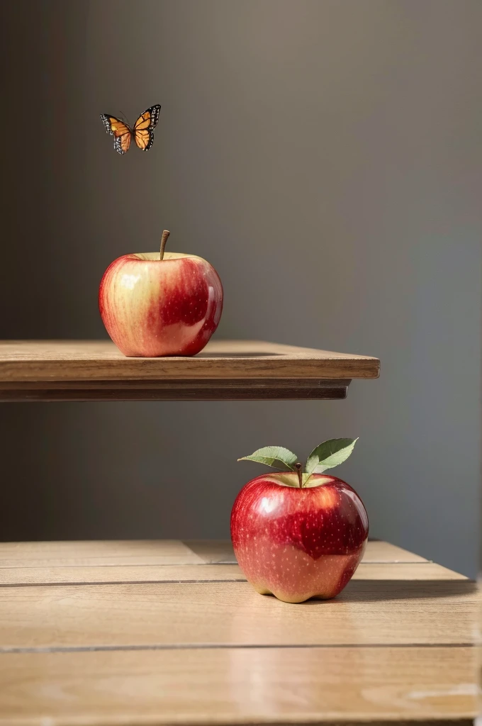 ((best qualityer)), ((work of art)), (detailded), a single red apple on a table with two butterflies, a blue butterfly and a yellow butterfly