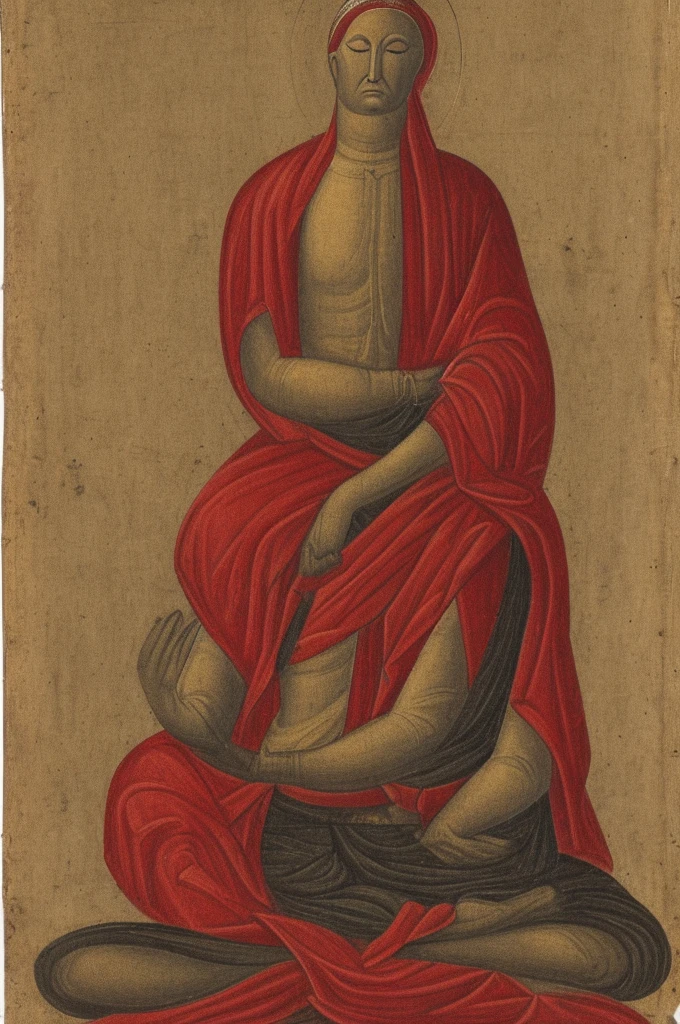 A person with eyes covered by a red cloth sits cross-legged, meditating with six arms