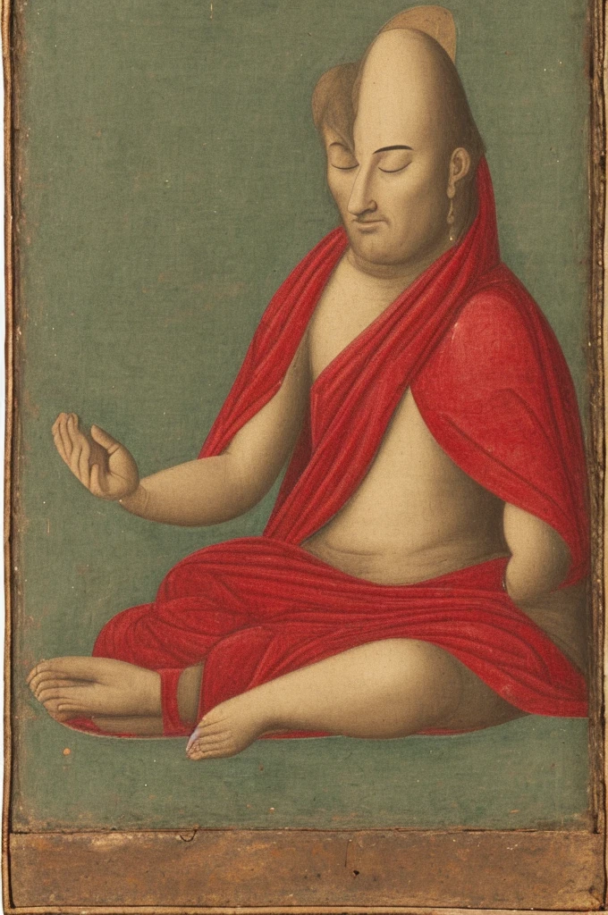 A person with eyes covered by a red cloth sits cross-legged, meditating with six arms