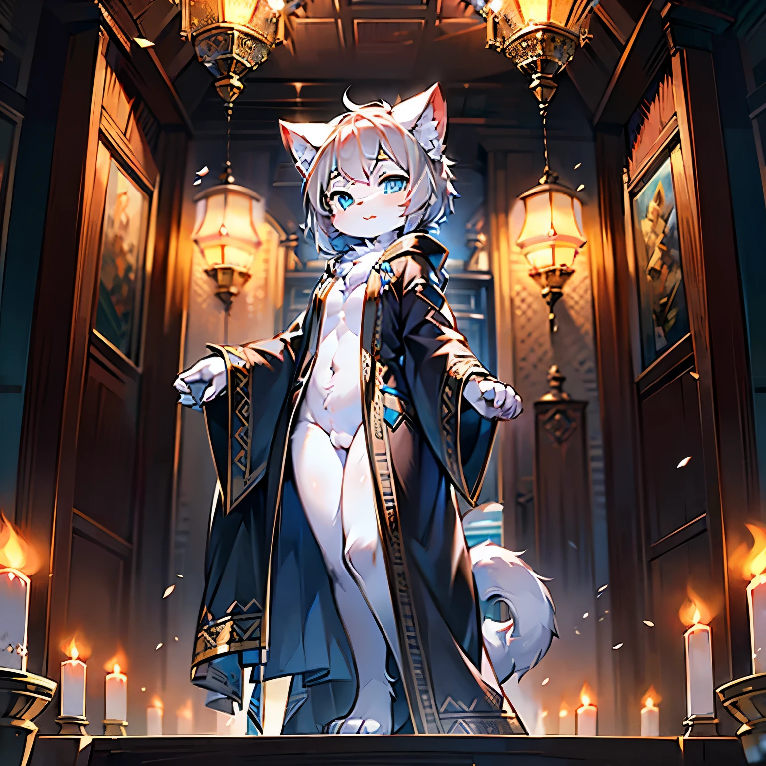 furry, cute face, ambient light, ultra detailed fur, volumetric light, silver hair, hairy hands, girl, blue eyes, stand, open-head, cat, Show all pictures, open-head robe,show pitches nsfw ,Hand close-up