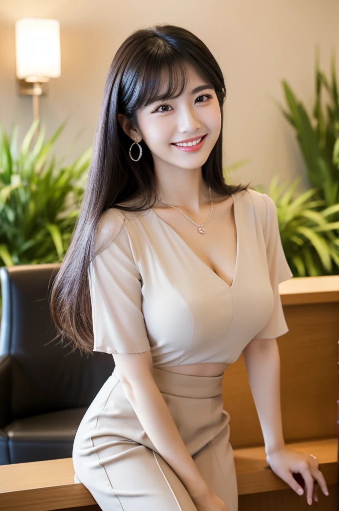 Receptionist at a client company, company receptionist, ((full body)), ((photo)), ((best qualtiy, 8K, tmasterpiece:1.3)), Focus:1.2, perfect figure beautiful girl:1.4, 1girl, cowboy shot, look at viewer, incredibly absurd, beautiful and cute girl with a photorealistic face, showcasing top-quality craftsmanship, A Japanese girl sitting smiling as a receptionist at the reception desk, 19 years old, has long, shiny black hair, straight, with the ends curled slightly inwards, with see-through bangs cut above the eyes, fair and smooth skin, large, round almond-shaped eyes, jet black eyes, long eyelashes, double eyelids, high nose, plump lips, a smile with upturned corners of the mouth, sunken cheeks, a fragile impression, glamorous, well-balanced proportions, tall, 165cm tall, beautiful D-cup breasts, white blouse, beige tight skirt, heeled pumps, pearl necklace and earrings, silver watch, pretty older woman, beautiful, neat, has a cute voice, intelligent, elegant, calm, kind, her hobbies are reading and listening to classical music, February