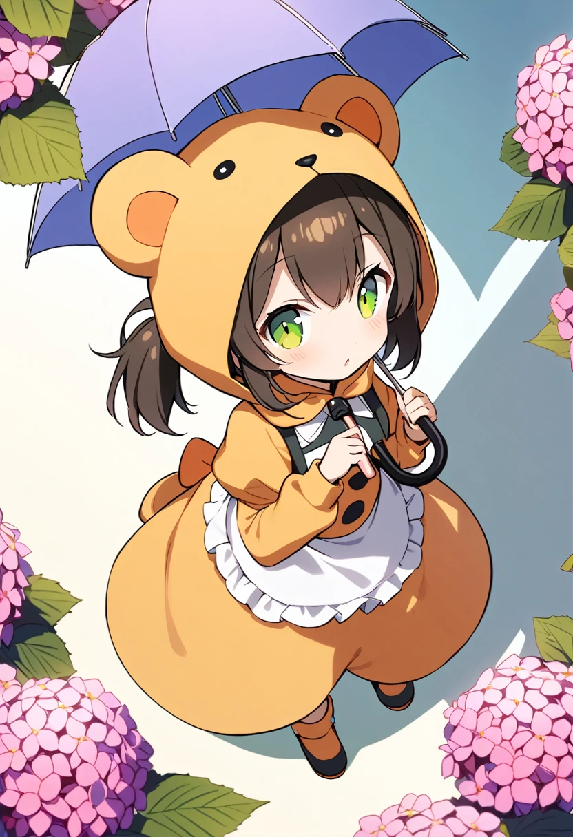 1girl,deltamon_beta, solo, (eyes highlight,((upturned eyes)),((Angle from above:1.3)),from above、Looking at camera,((umbrella:1.3)),
BREAK {ponytail |short twintails | long hair |layered cut|bob cut},{black hair|brown hair|blonde hair},((idol)),((loli,Maid)),((chibi,loli)), (((hydrangea),a lot of flowers)),(bear full body costume Kigurumi),((Holding an umbrella:1.3))
